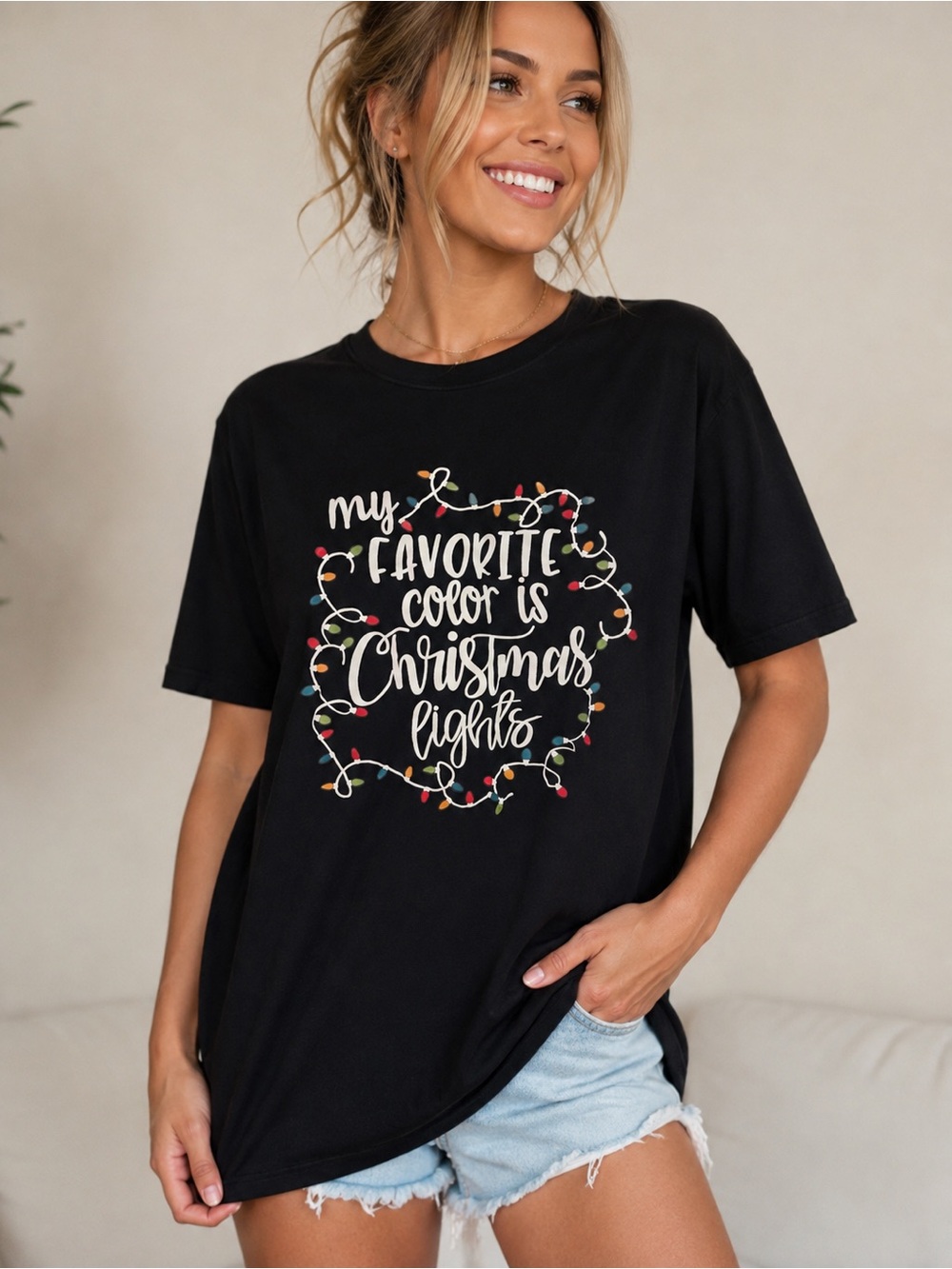 Cute Black Christmas Tee - βMy Favorite Color Is Christmas Lightsβ Size XXL